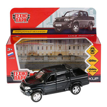Машина Технопарк металл. UAZ Pickup чёрный (12см) откр.дв,инерц,в/к PICKUP-BK