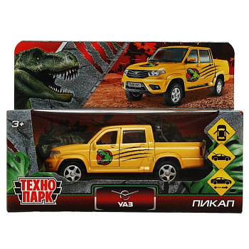 Машина Технопарк металл. UAZ Динозавры жёлтый (12см) дв,багаж,инерц PICKUP-12DIN