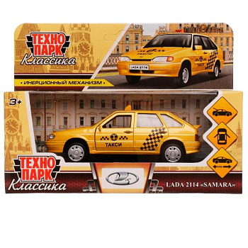 Машина Технопарк металл. Lada-2114 Samara Такси (12см) дв,багаж,инер. 2114-12TAX-YE