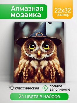 Алмаз. мозаика (квадратная) 22х32 см, с подр., с полн. заполн. (24цв) Совёнок в шляпе НД-0832