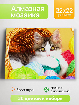 Алмазная мозаика блестящая (22х32см) c подр,полн.зап. (30цв) Котёнок в корзине НД-8543