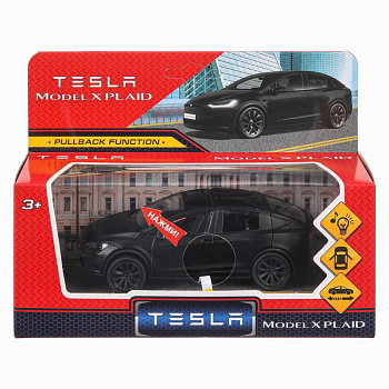 Машина Технопарк металл. Тesla model x plaid черный мат. (12см) свет,звук,дв,в/к MODELX-12SLMAT-BK-W