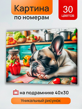 Холст с красками (30х40см) по номерам Спящий на кухне бульдог (30цв) в/к ХК-5221