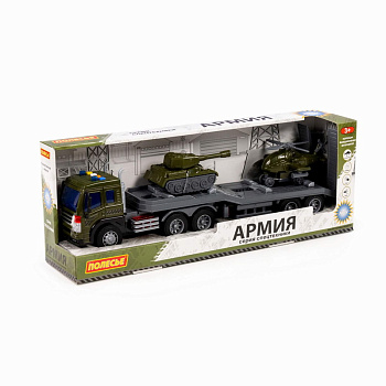 Автомобиль-трейлер Сити инерц (свет, звук) + танк Штурм инерц, вертолет Штурм инерц в/к 77056 (Полес